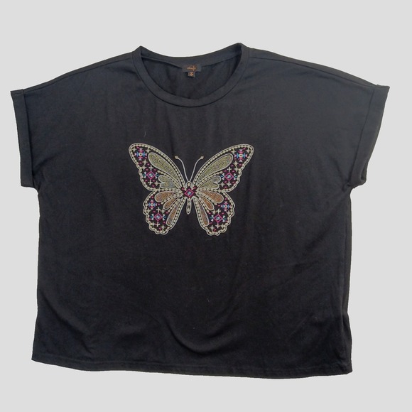 Twelve By Ontwelfth Tops - OnTwelfth Womens Short Sleeve Black Sequin Butterfly Top Boho Y2K Tee - 2X